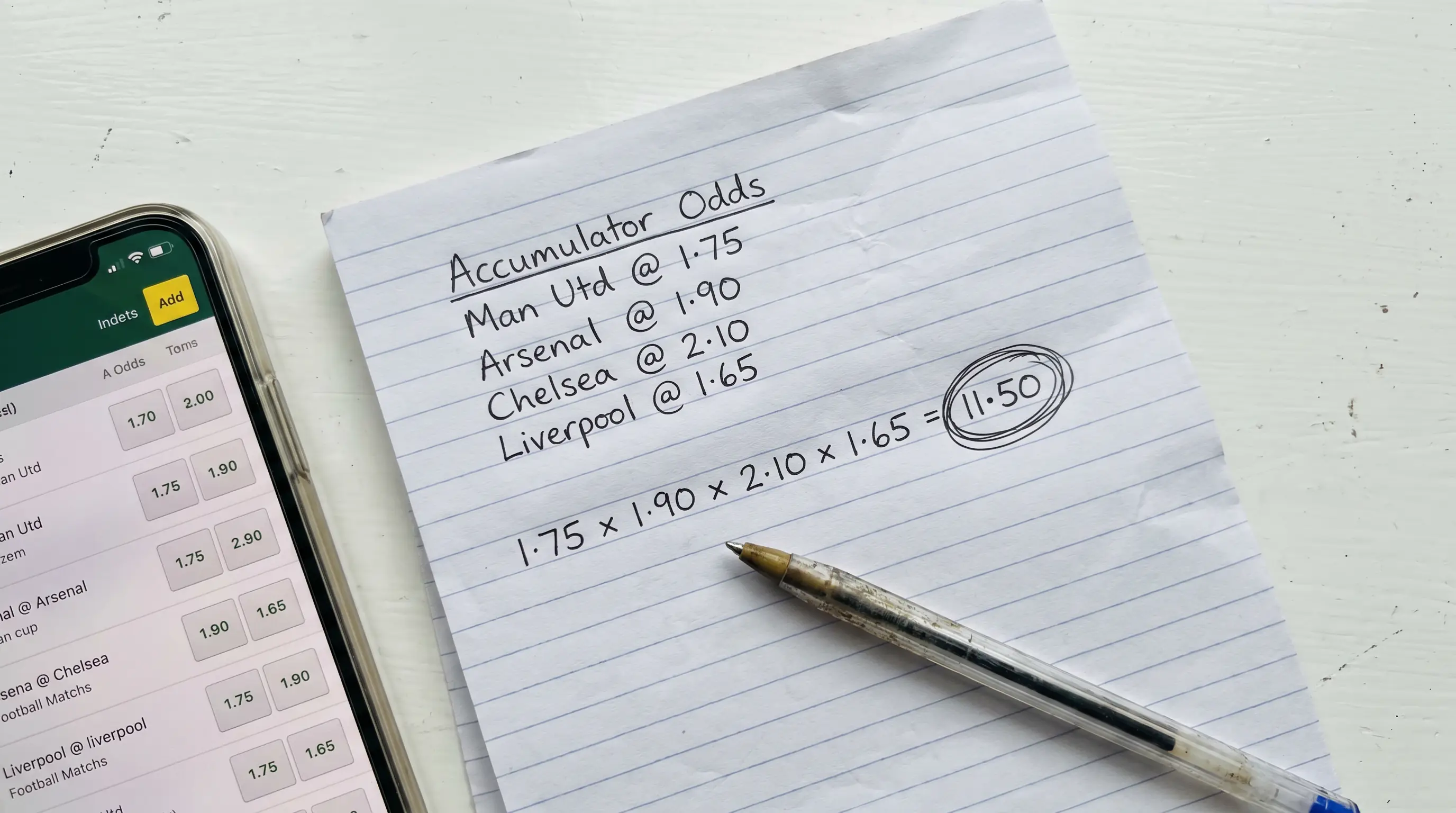 Notepad showing accumulator odds calculation with multiplied decimal figures