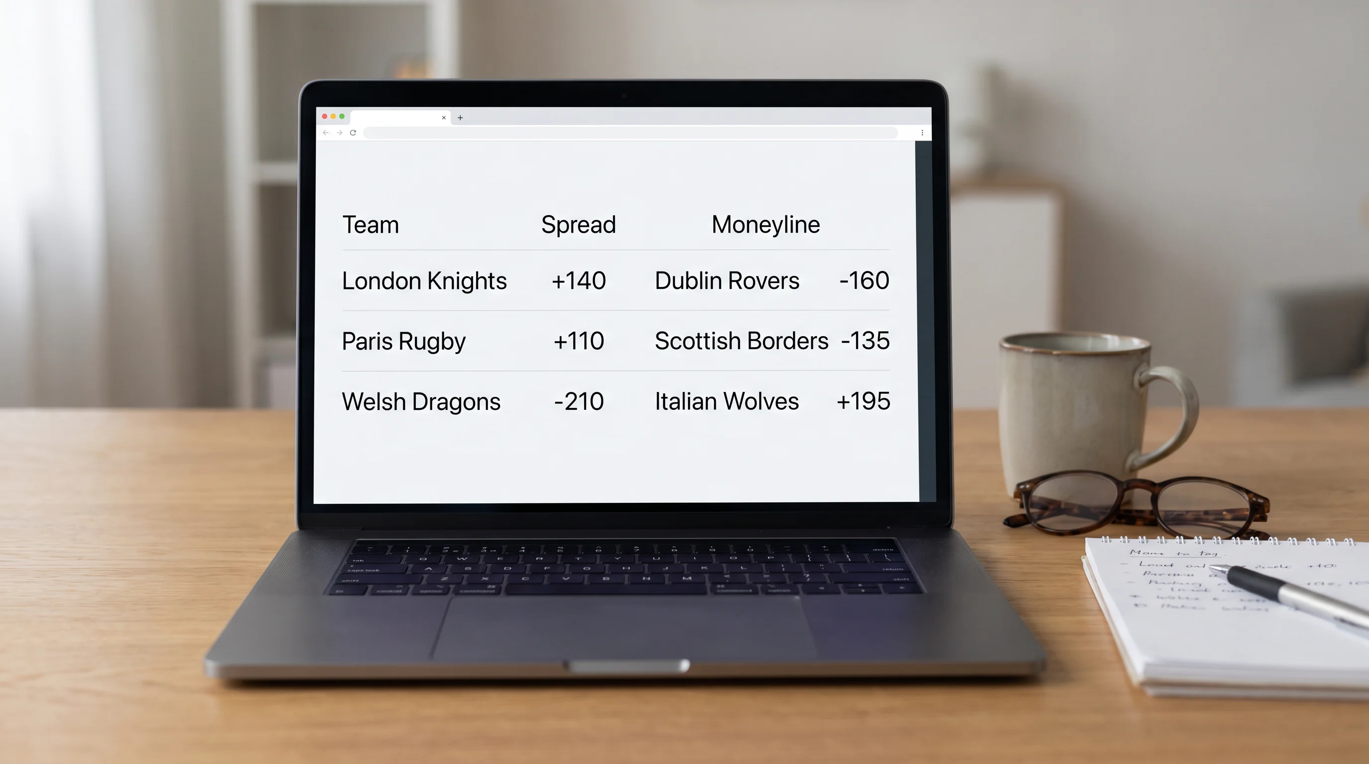Betting platform showing rugby odds in American plus-minus format on a laptop