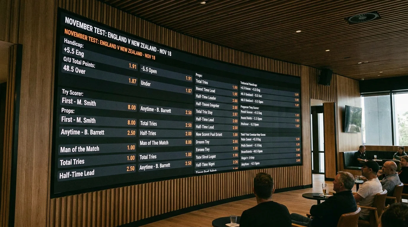 Sportsbook display showing deep market coverage for a November Test match