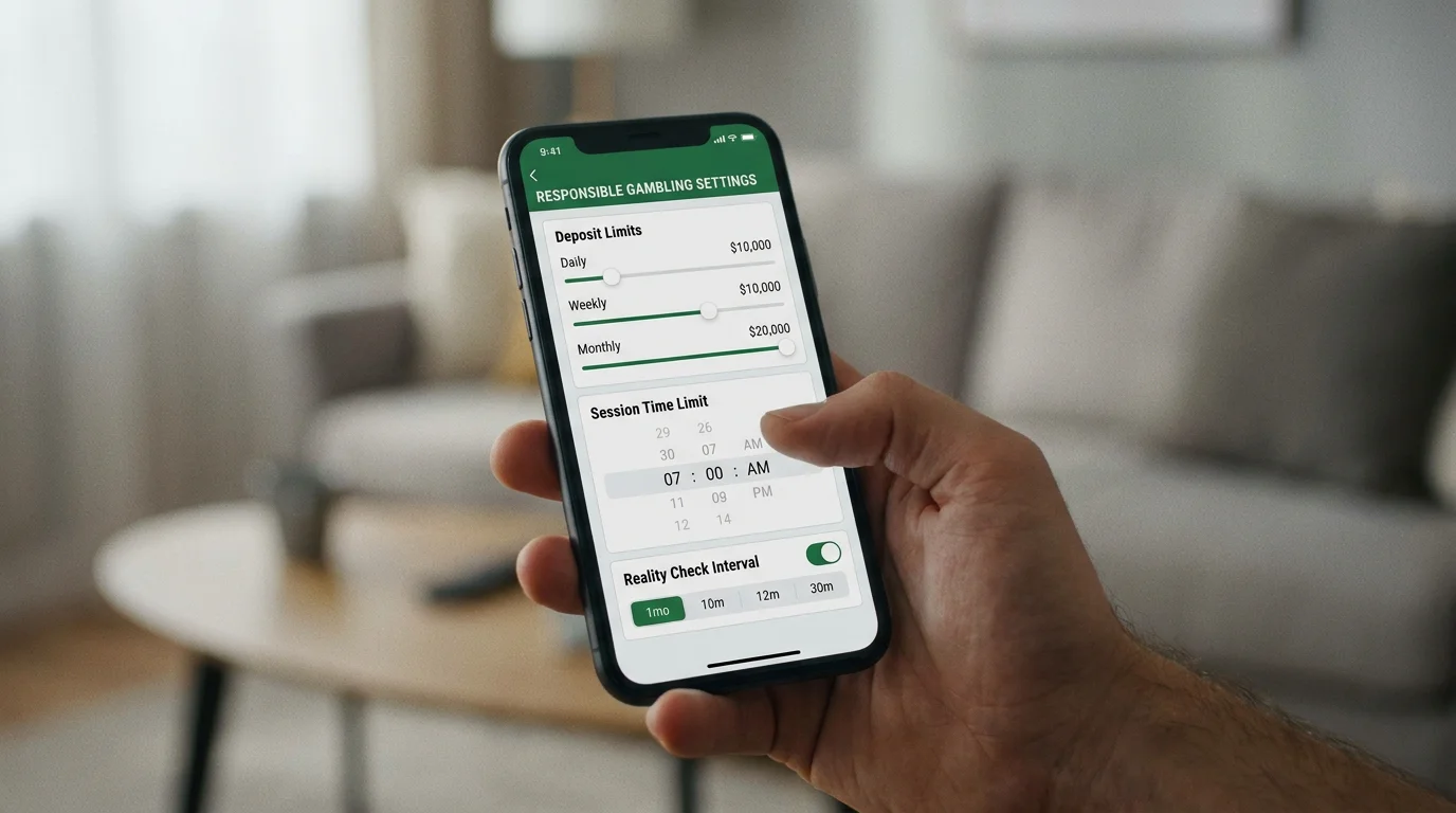 Smartphone screen showing responsible gambling settings with deposit limit controls