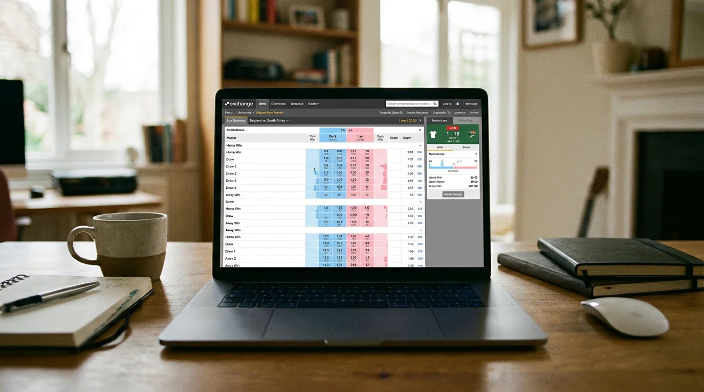 Betting exchange screen showing a rugby match with back and lay prices displayed