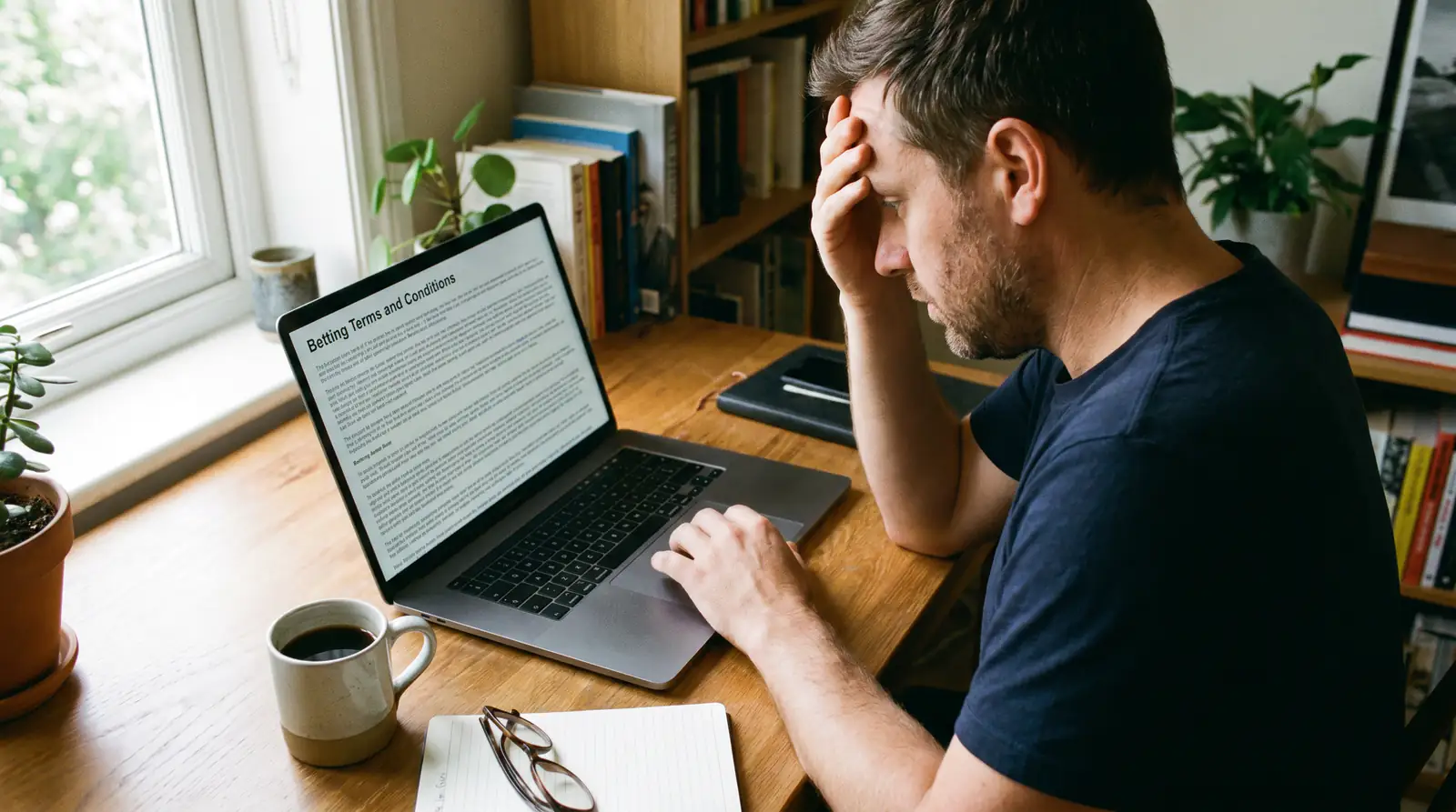 Person scrolling through terms and conditions on a laptop with a concerned expression