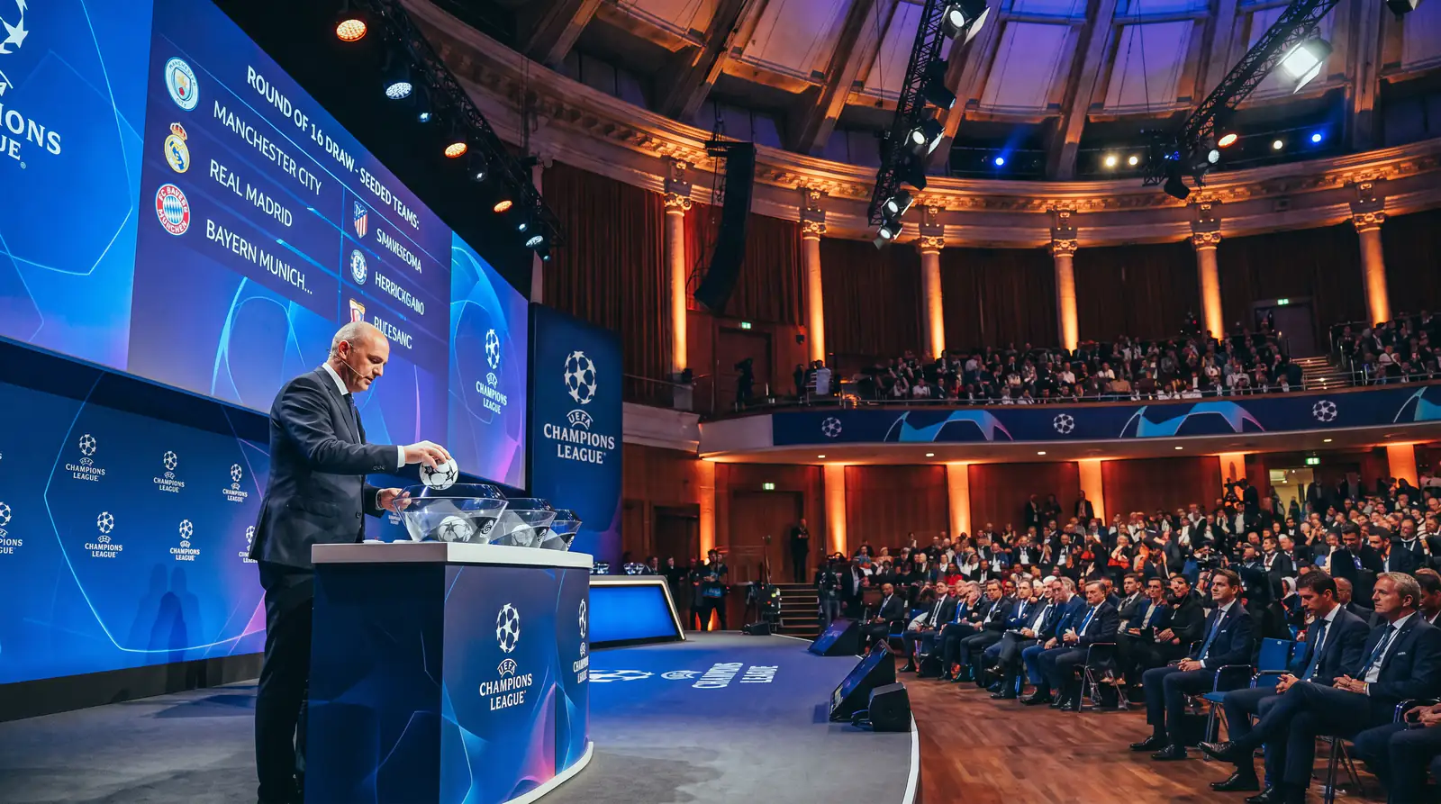 Champions Cup draw ceremony with seeded teams displayed on a large screen