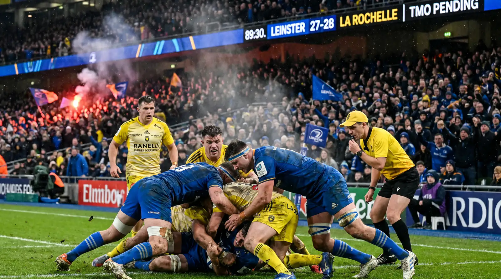 Tense final minutes of a Champions Cup knockout match with players competing fiercely
