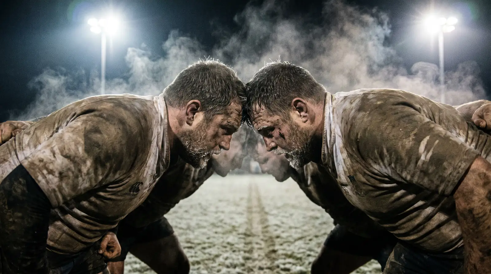 Players' breath visible under floodlights during a cold winter evening rugby match