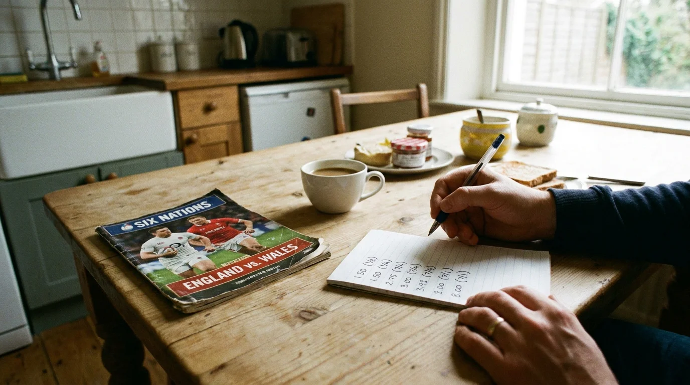 Person writing decimal odds conversions on paper with a rugby match programme nearby