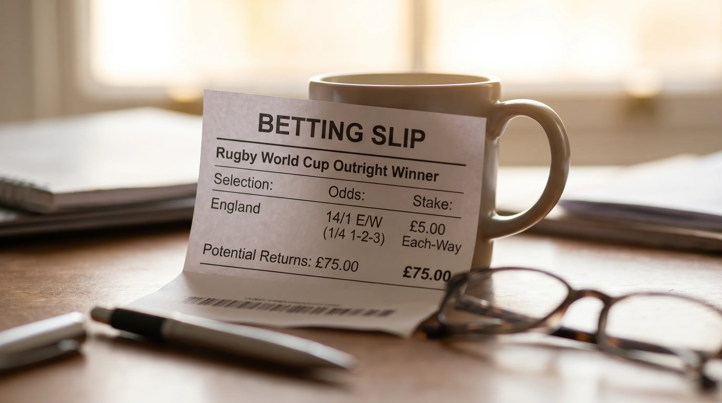 Betting slip showing an each-way rugby outright selection with place terms