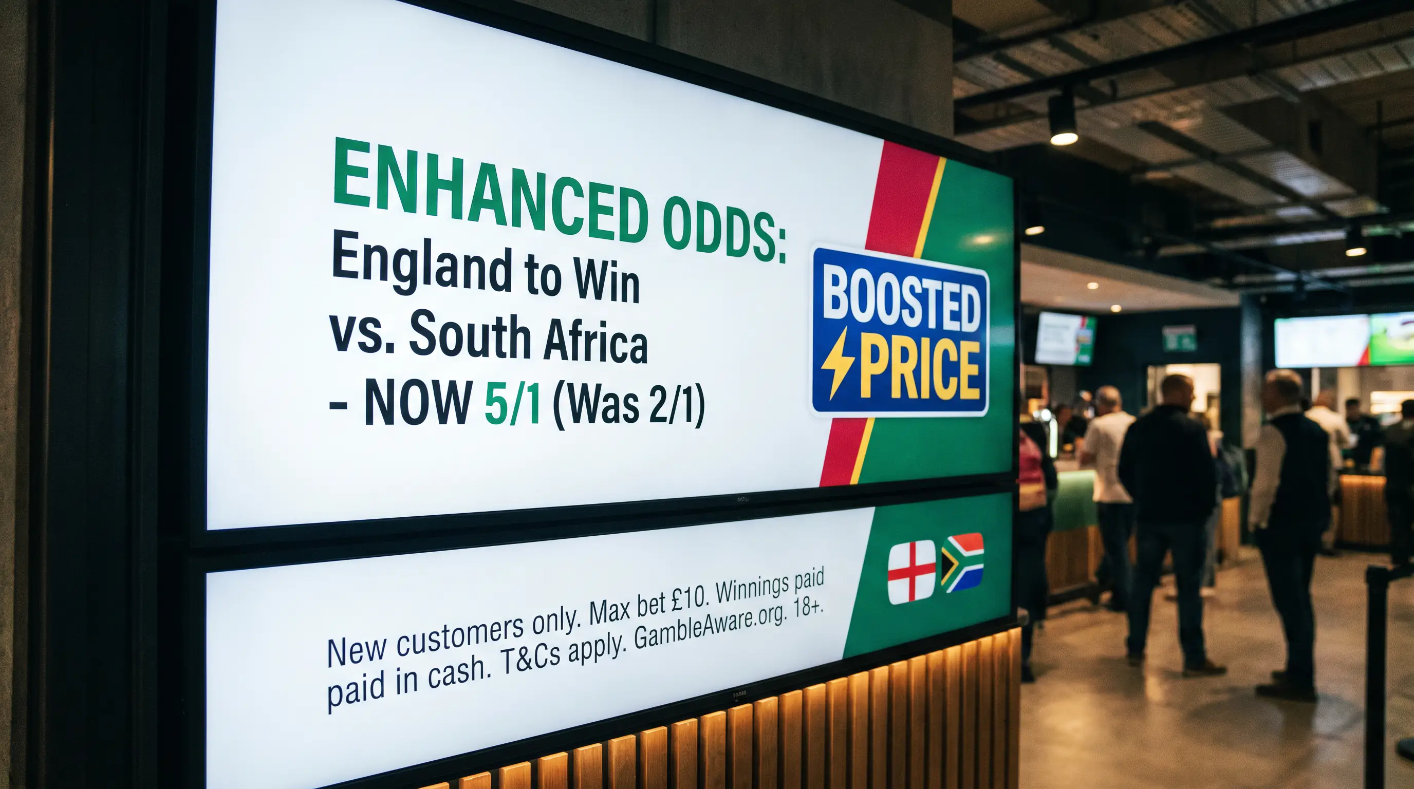 Promotional display showing enhanced odds for a rugby match with terms visible