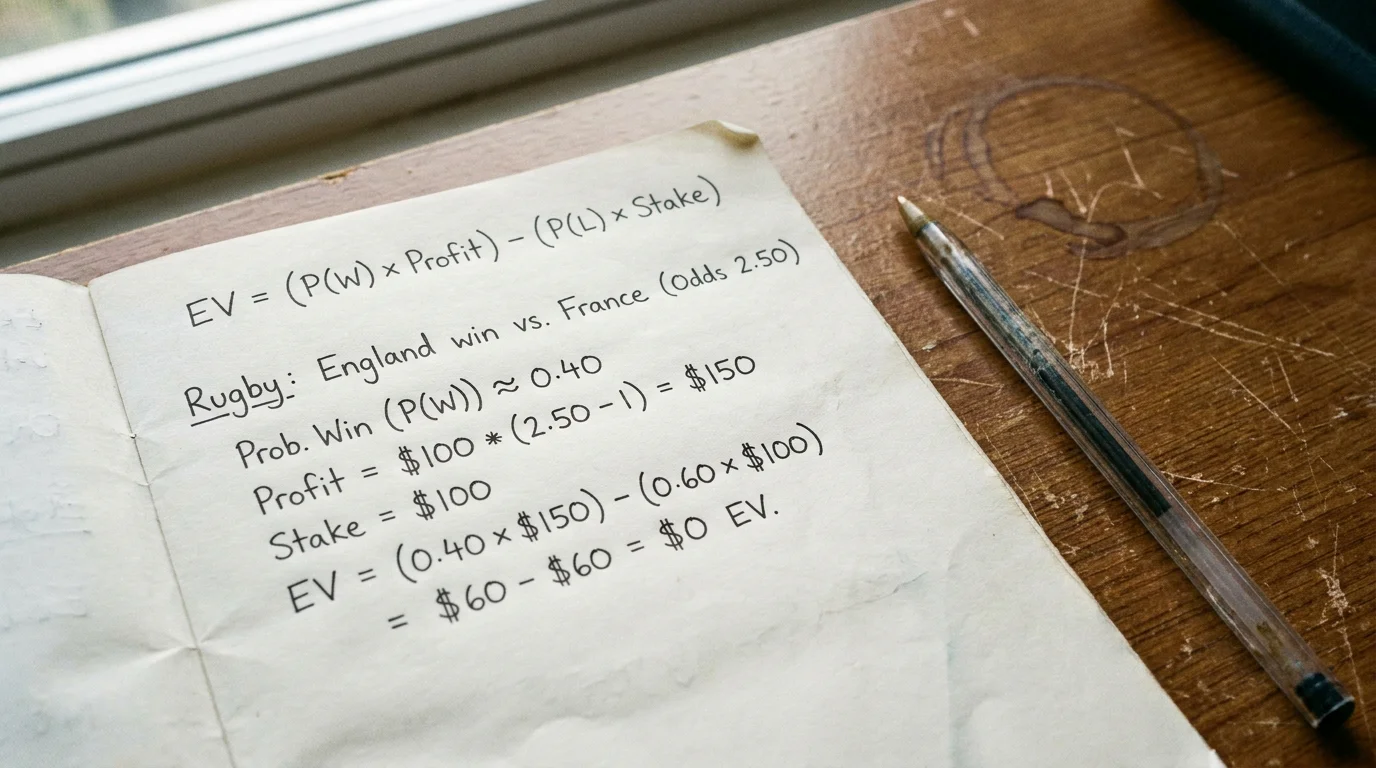 Notebook page showing the expected value formula applied to a rugby bet