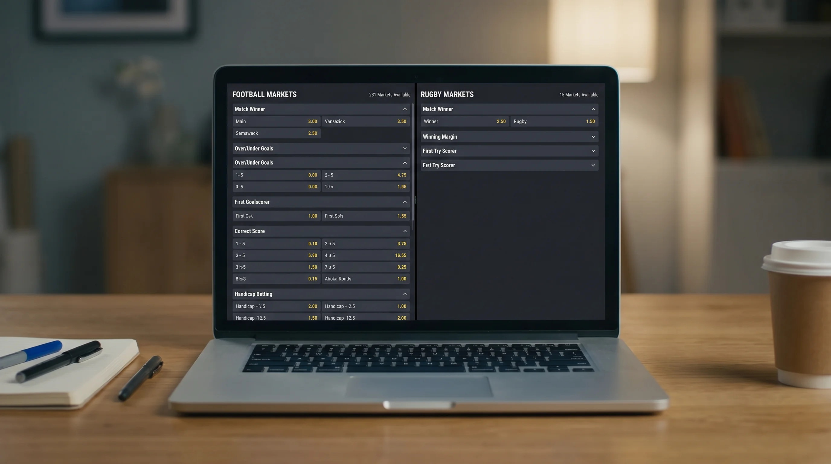 Split screen showing football and rugby betting markets side by side with different depths