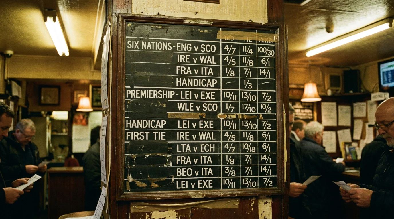 Traditional bookmaker display board showing fractional rugby odds