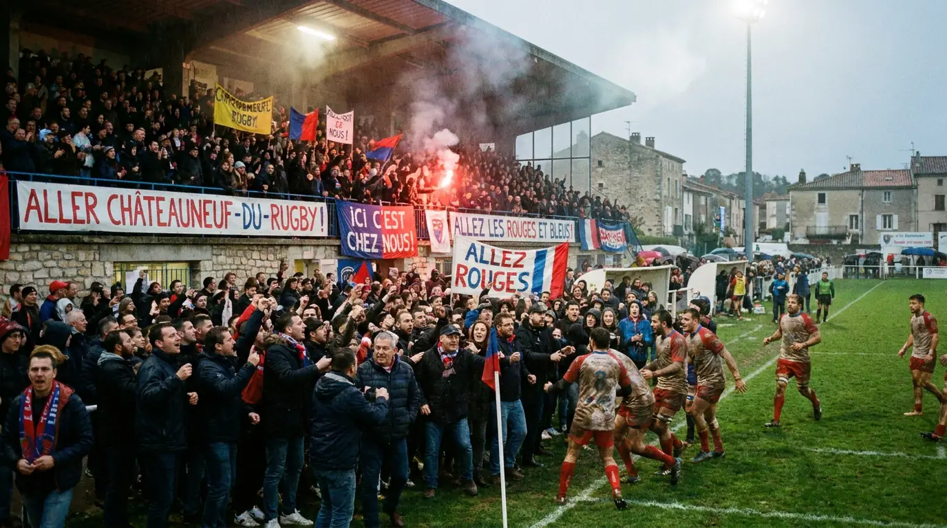 Atmospheric municipal rugby stadium in a small French town packed with home fans