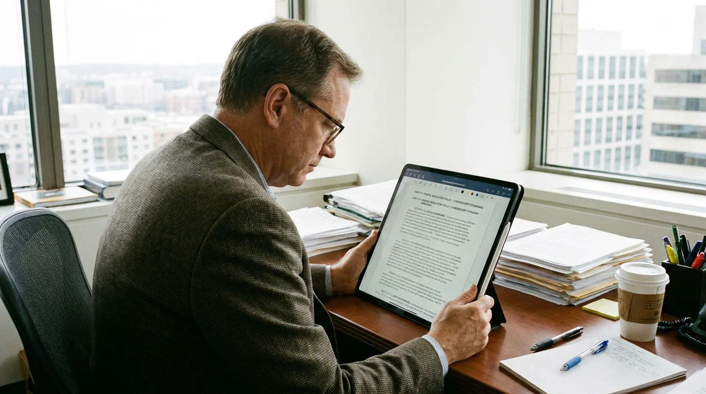 Person reading a regulatory policy document on a tablet in a professional setting