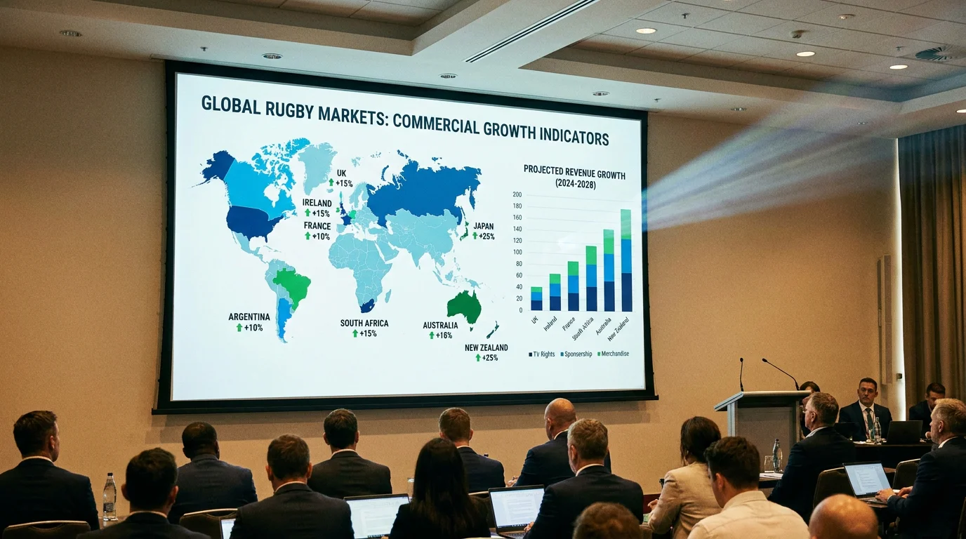 World map on a screen highlighting key rugby markets and commercial growth regions