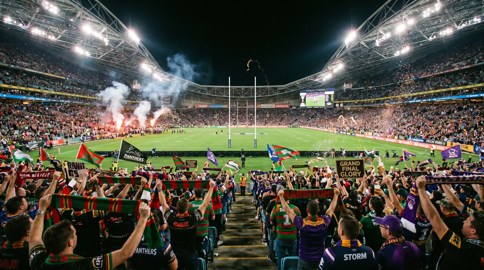 Grand Final atmosphere at a major neutral venue with rugby league fans celebrating
