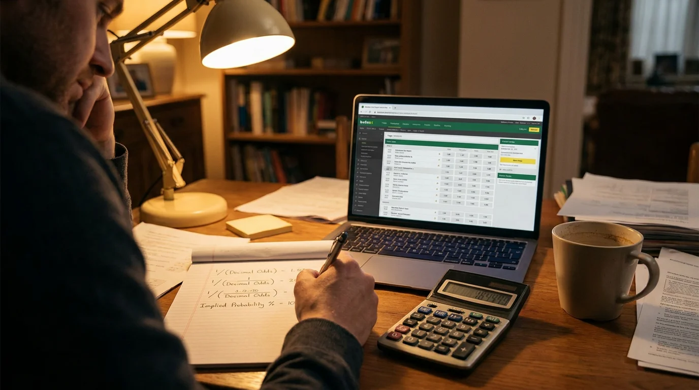 Person converting rugby odds to implied probability using a calculator and notepad