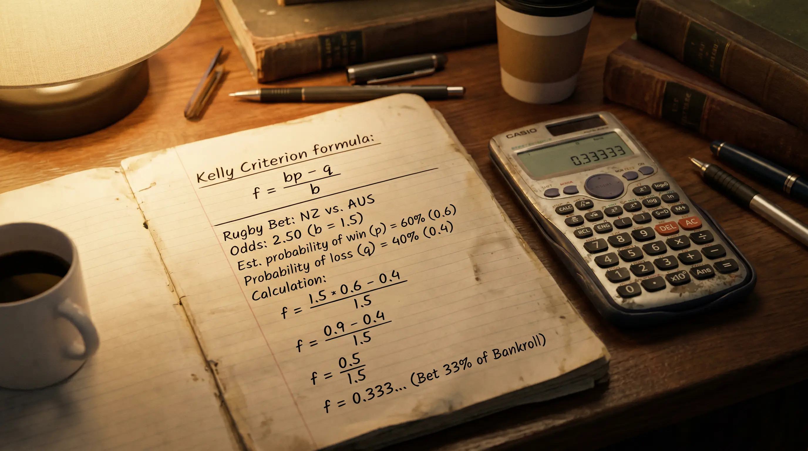 Notebook page showing Kelly Criterion formula with a worked rugby betting example