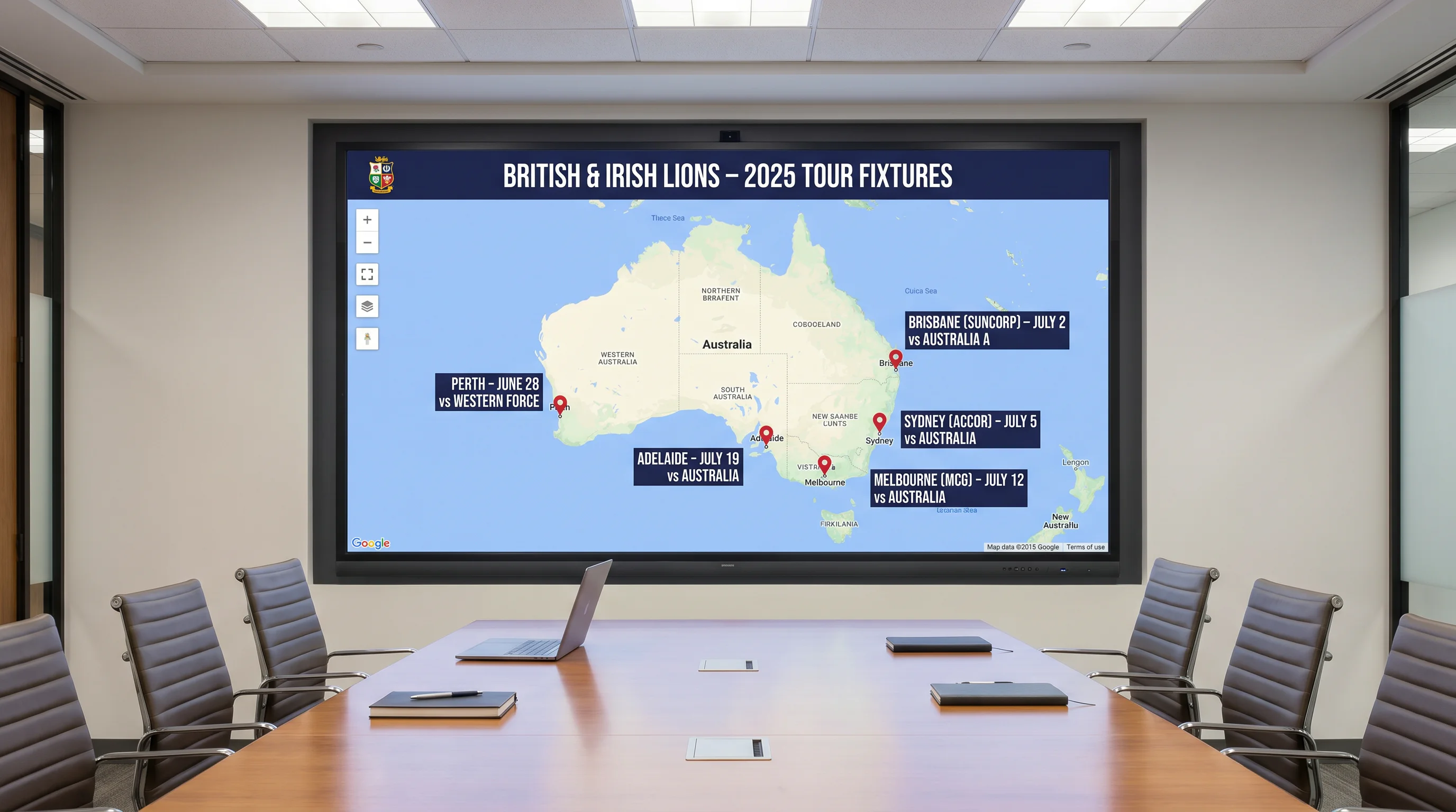 Map of tour venues displayed on a screen showing the Lions fixture itinerary