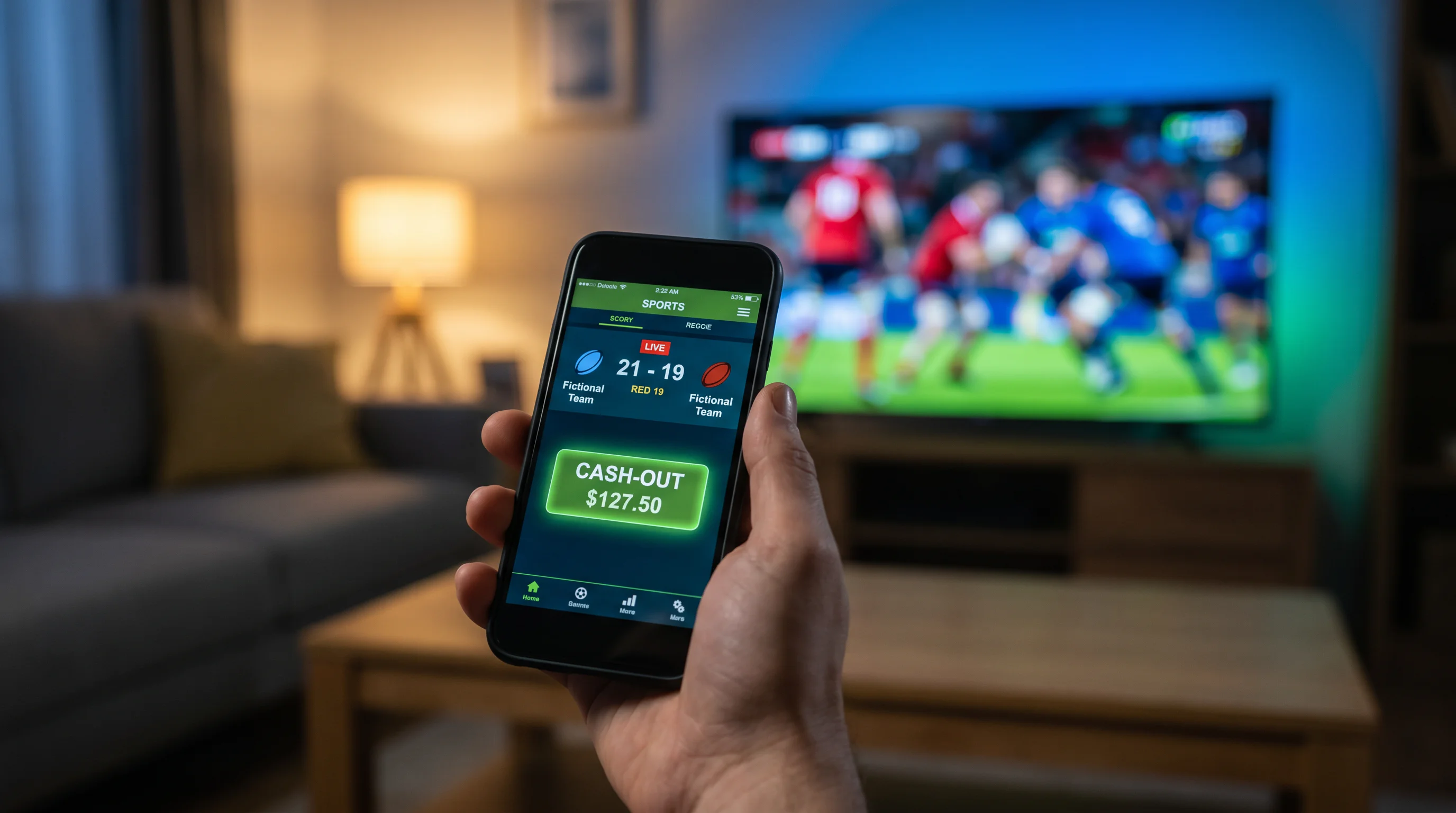 Live rugby betting interface with cash-out feature during an in-play match