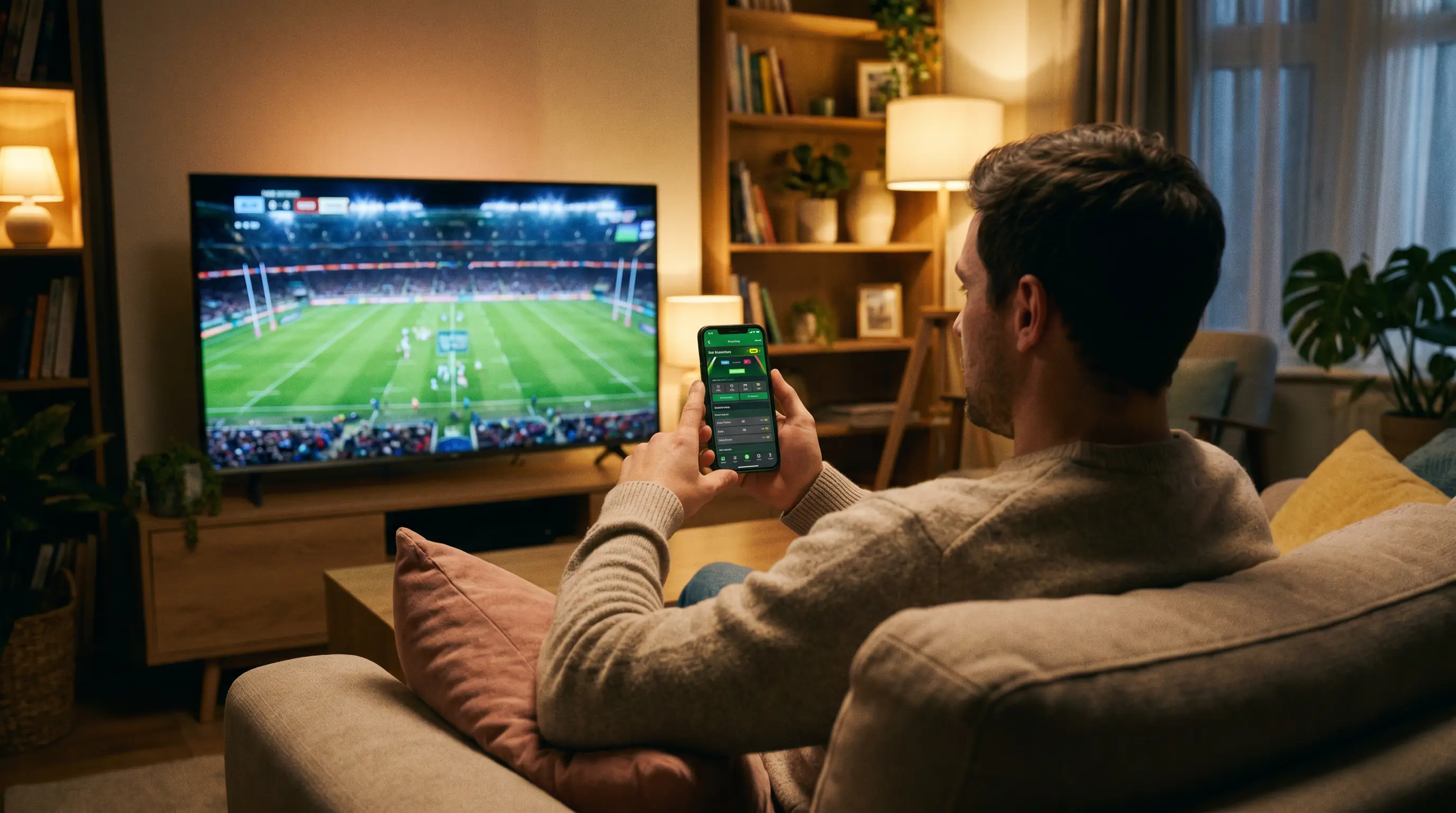 Live in-play rugby betting on a mobile device during a match with real-time odds