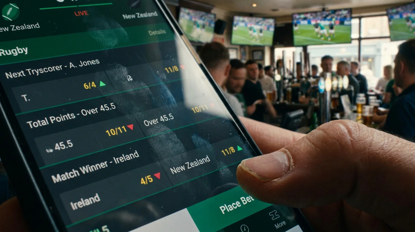 Smartphone screen showing rapidly updating live rugby match odds