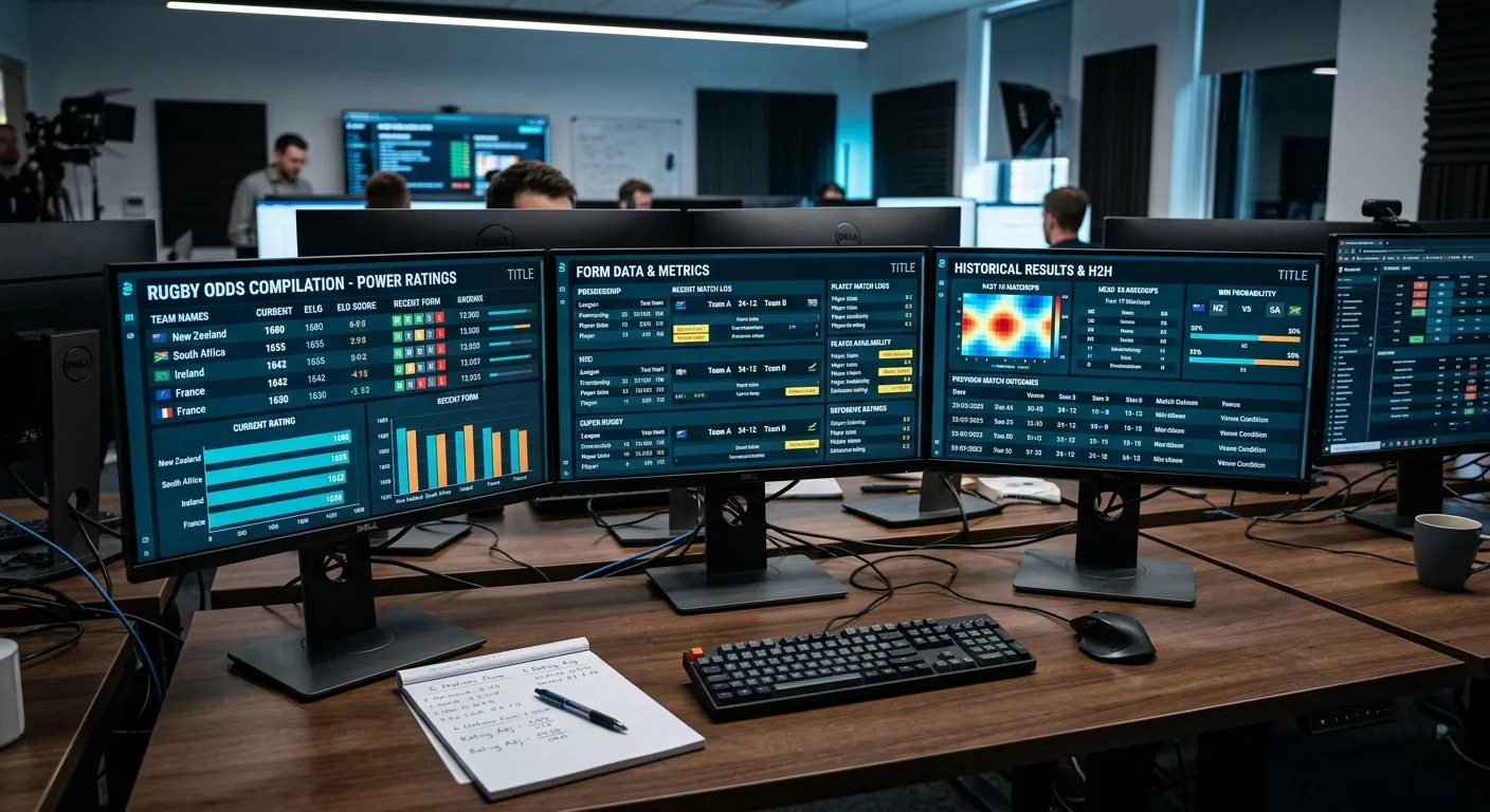 Multiple data screens showing statistical inputs used to compile rugby odds