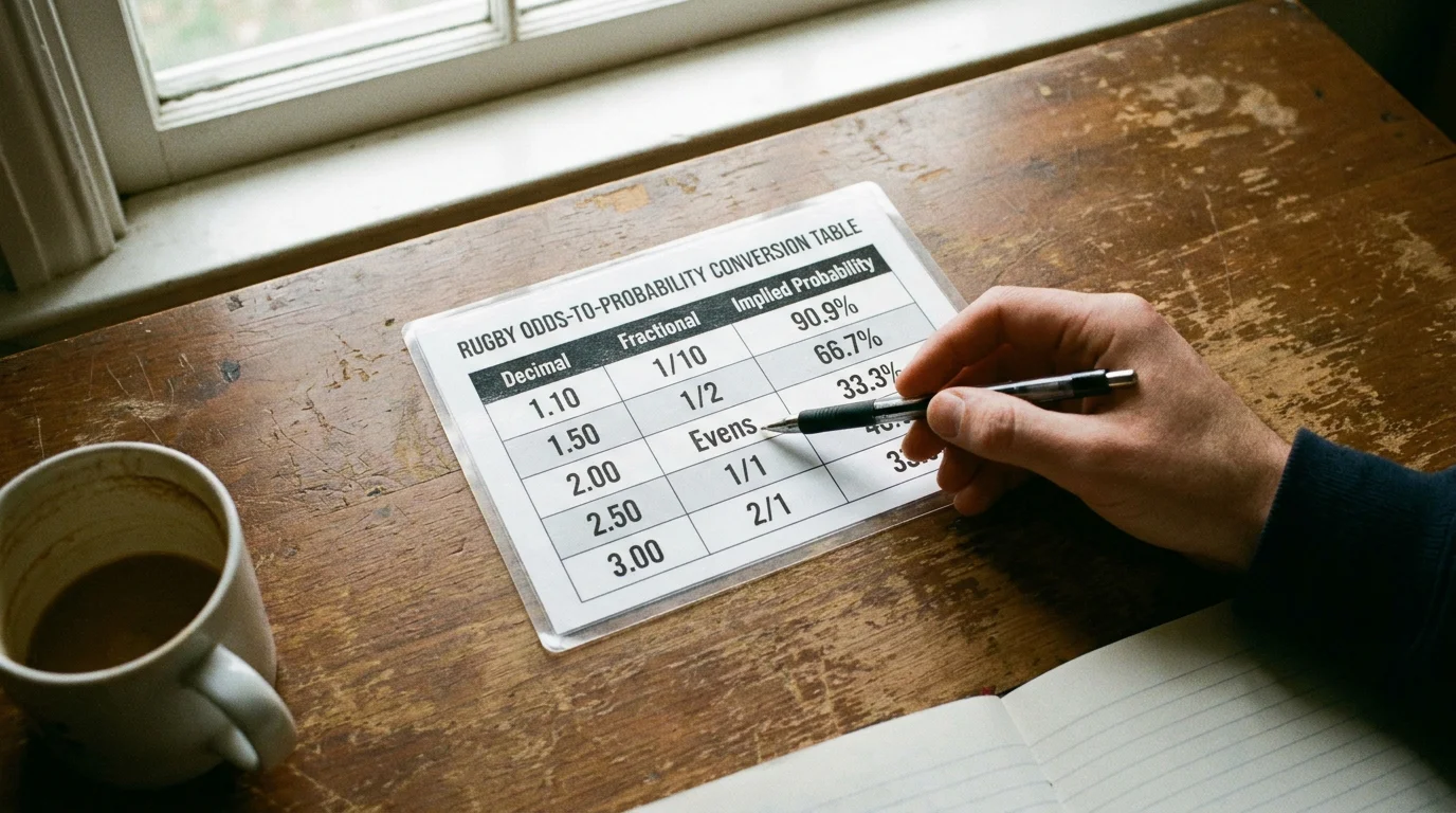 Printed reference table showing odds-to-probability conversions for common rugby prices
