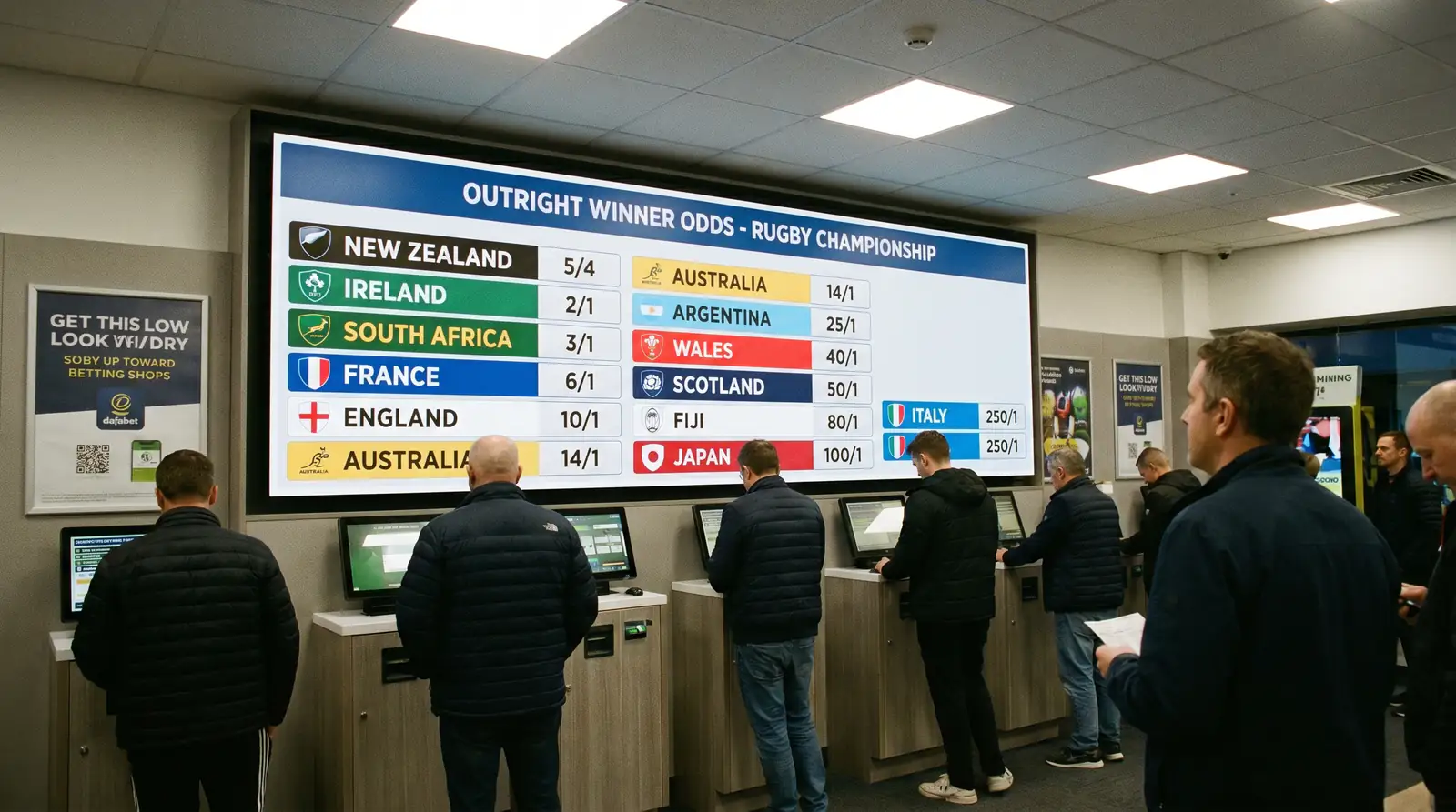 Outright tournament winner odds displayed on a large sportsbook screen