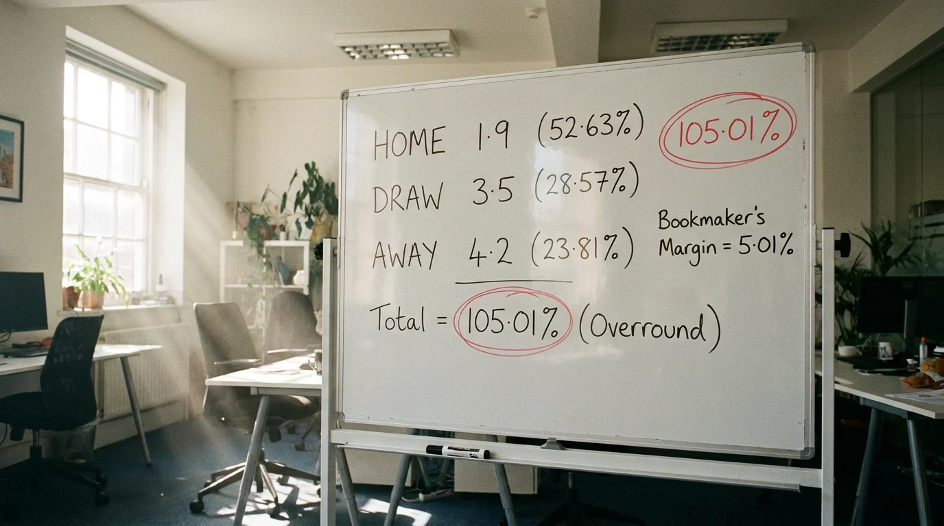 Whiteboard showing a bookmaker margin calculation with implied probabilities summing above 100