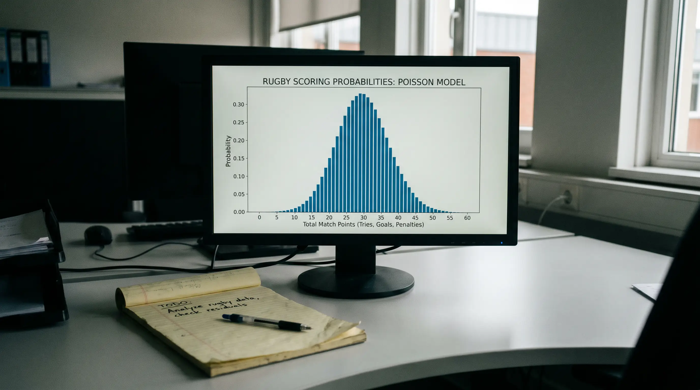 Computer screen showing a Poisson distribution chart for rugby scoring probabilities