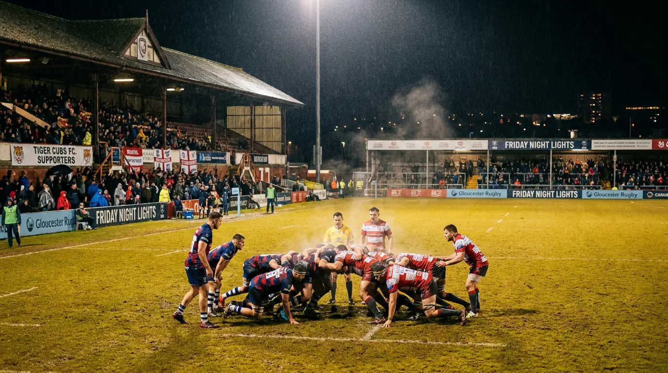 Friday night Premiership rugby match with floodlit pitch and modest crowd