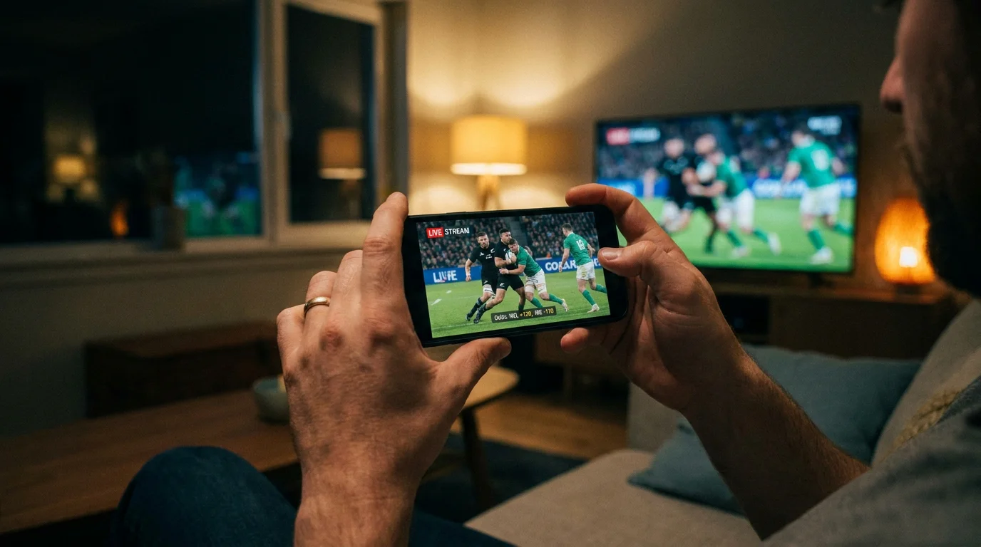 Smartphone streaming a live rugby match with betting odds overlaid on the screen