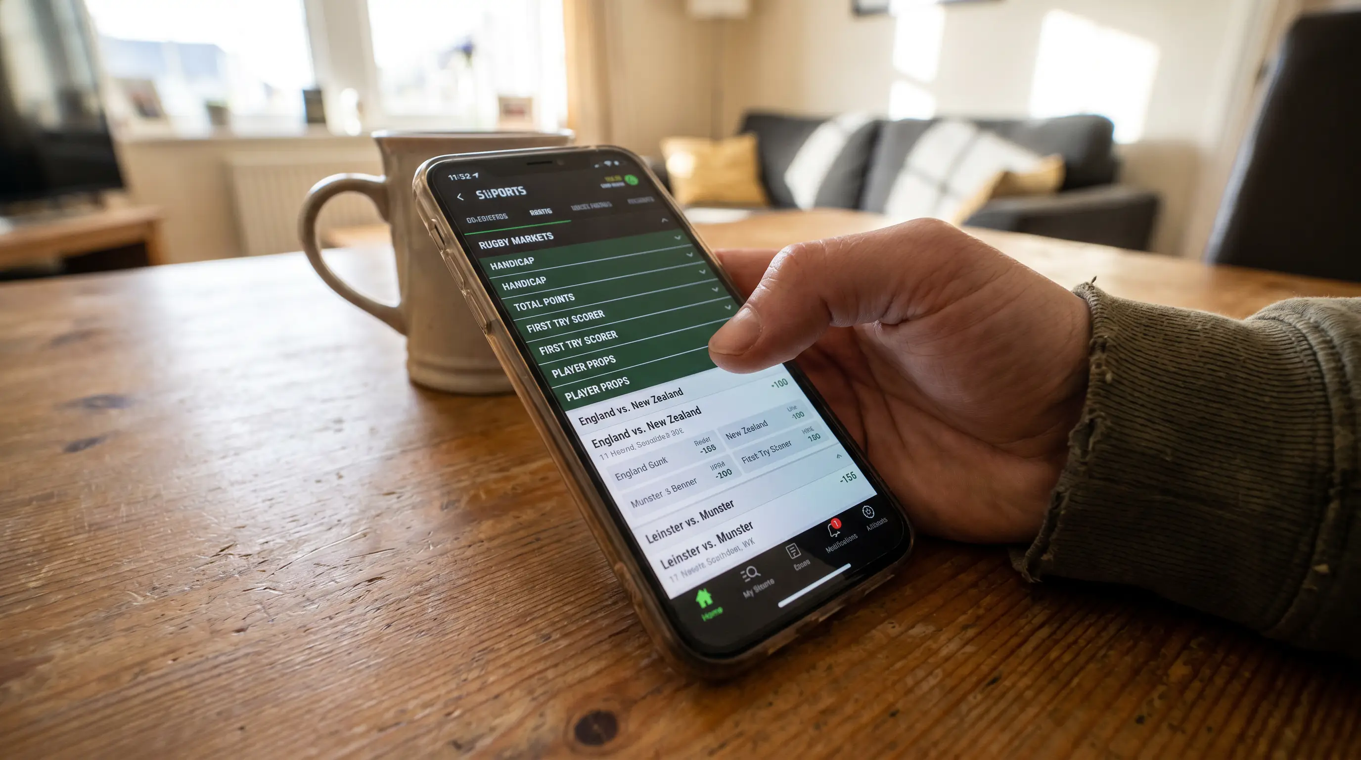 Smartphone showing deep rugby market listings including handicap and prop categories