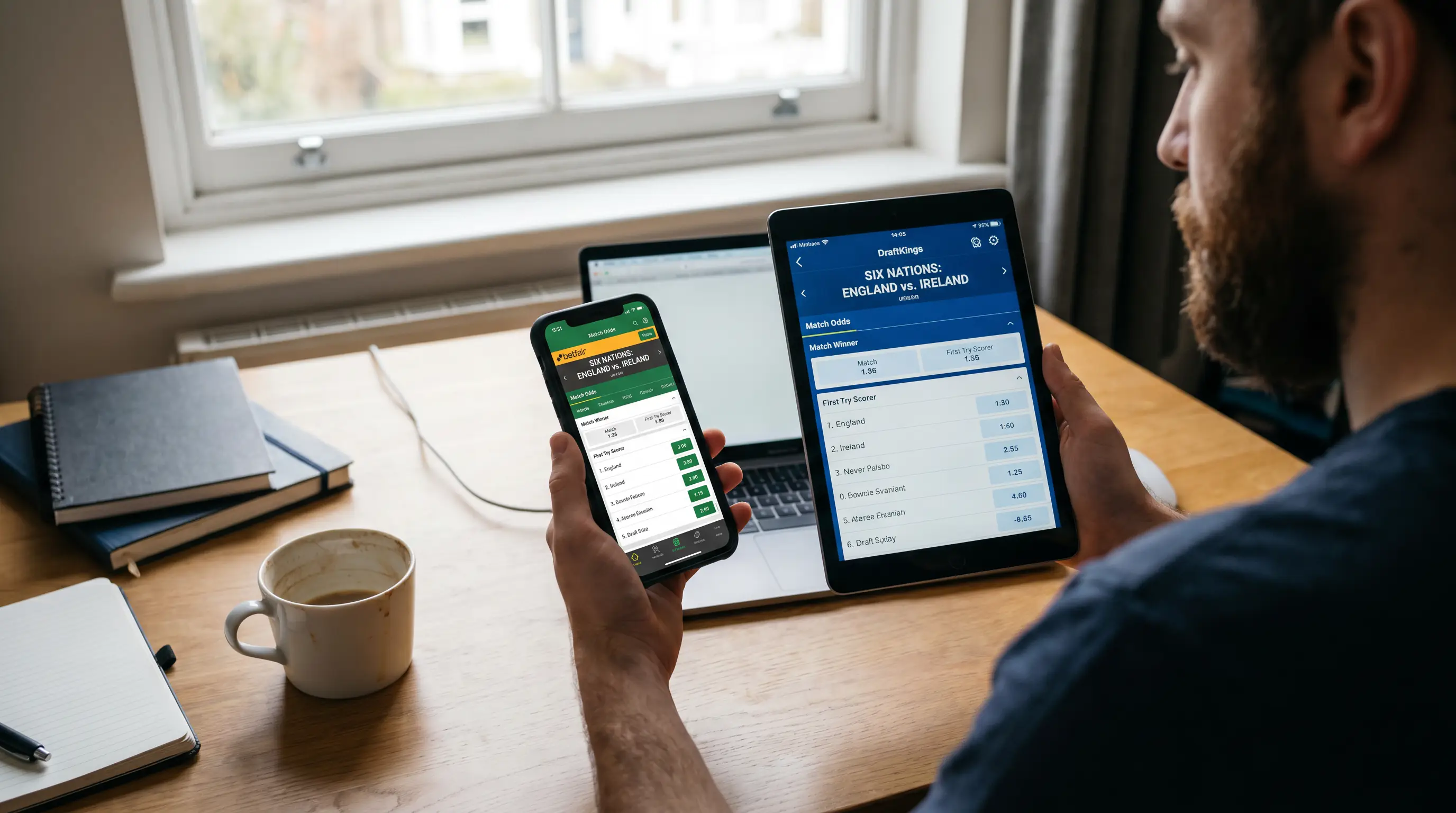 Person holding multiple devices comparing rugby betting apps for the same fixture