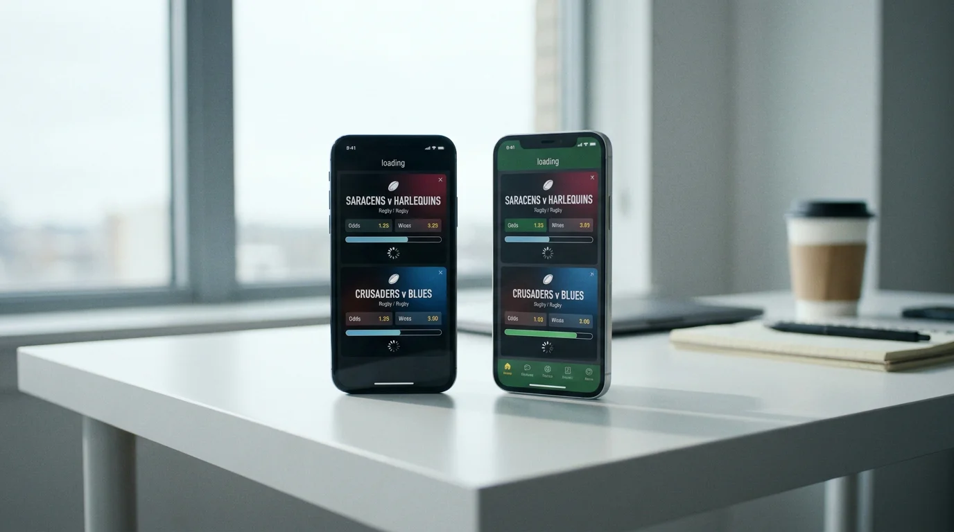 Two smartphones side by side showing different rugby betting app interfaces loading