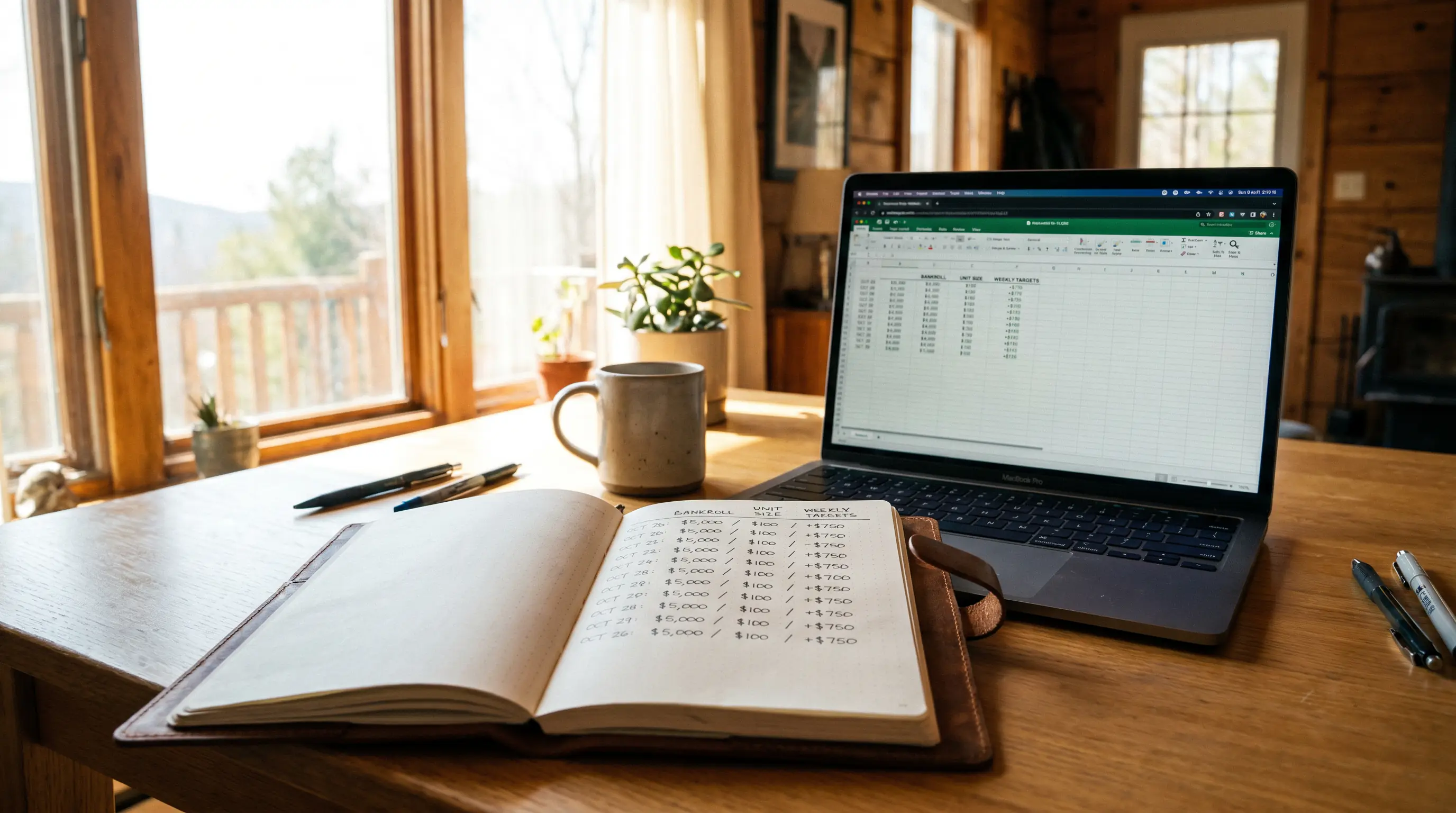 Desk setup with a notebook showing bankroll calculations and a laptop