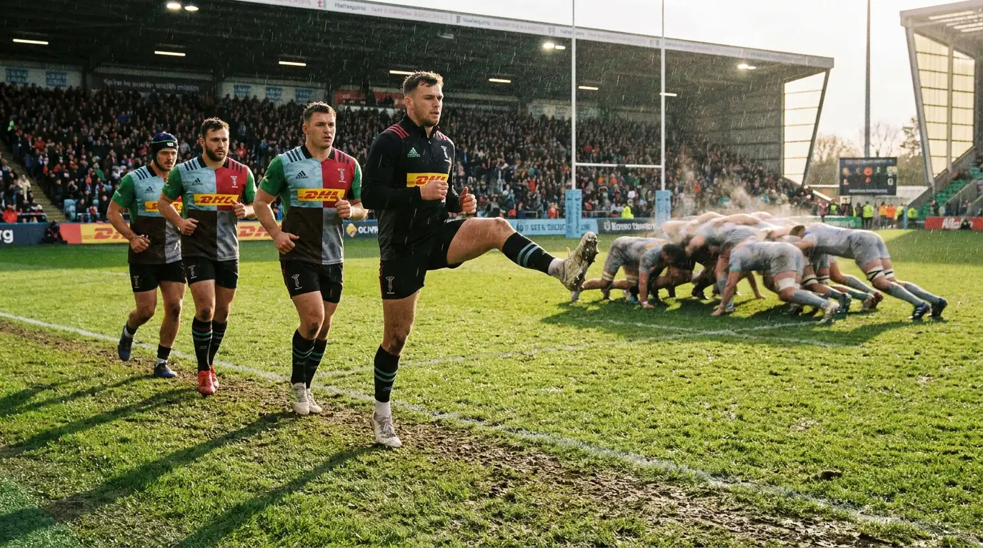 Rugby substitutes warming up on the sideline during a professional match