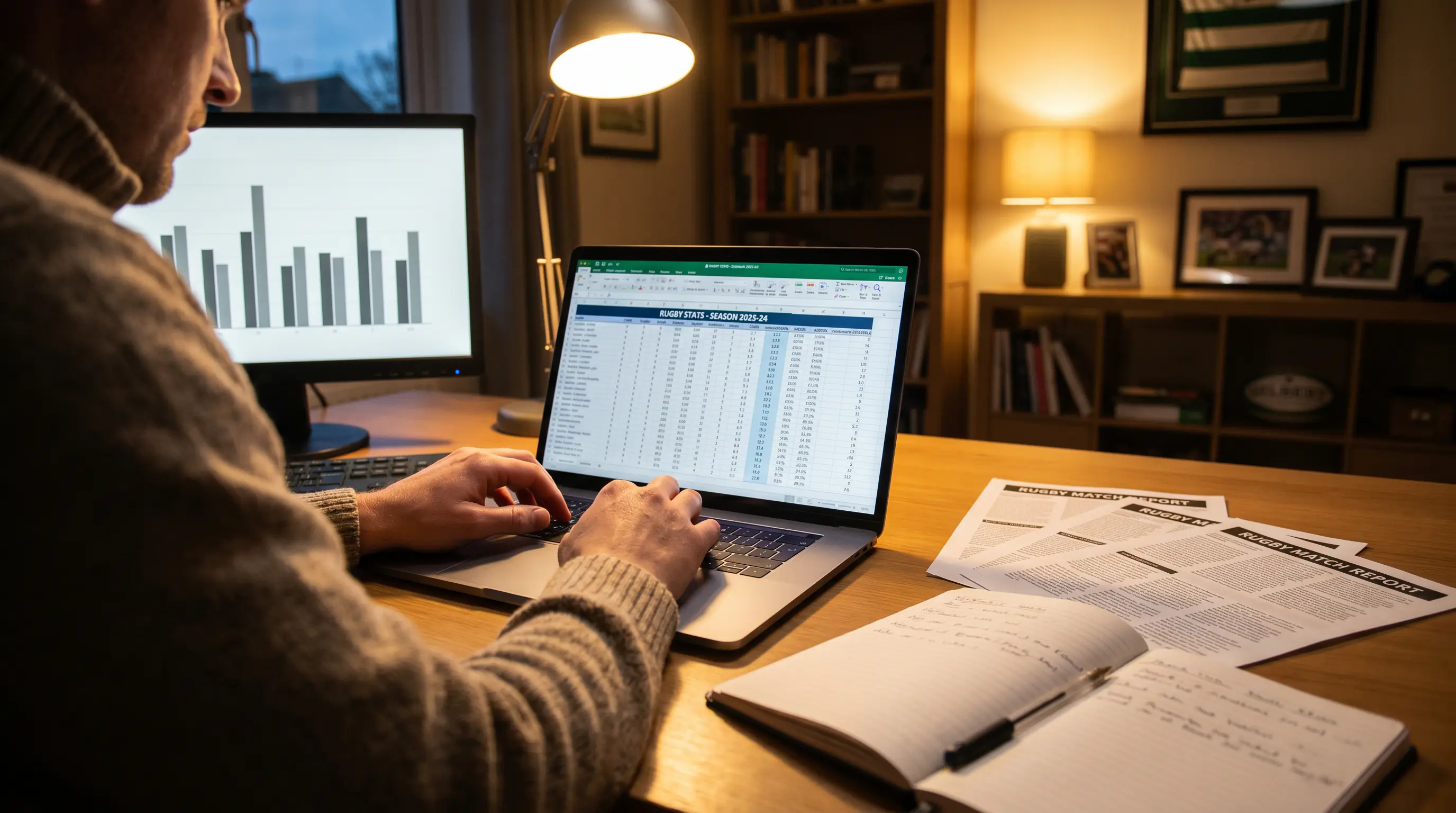 Person reviewing rugby statistics on a spreadsheet with match data columns