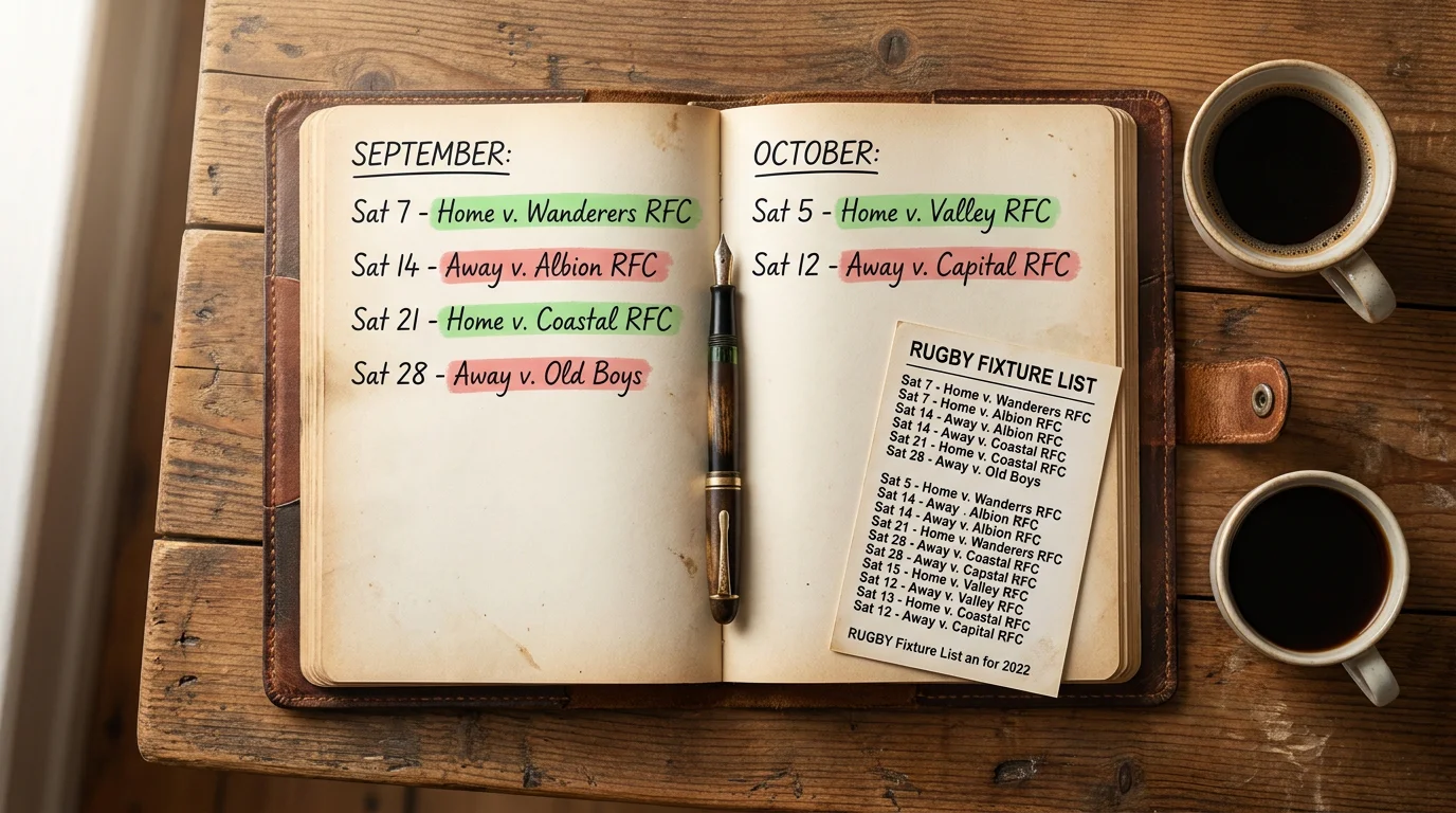 Open planner showing rugby fixture schedule with highlighted match weeks
