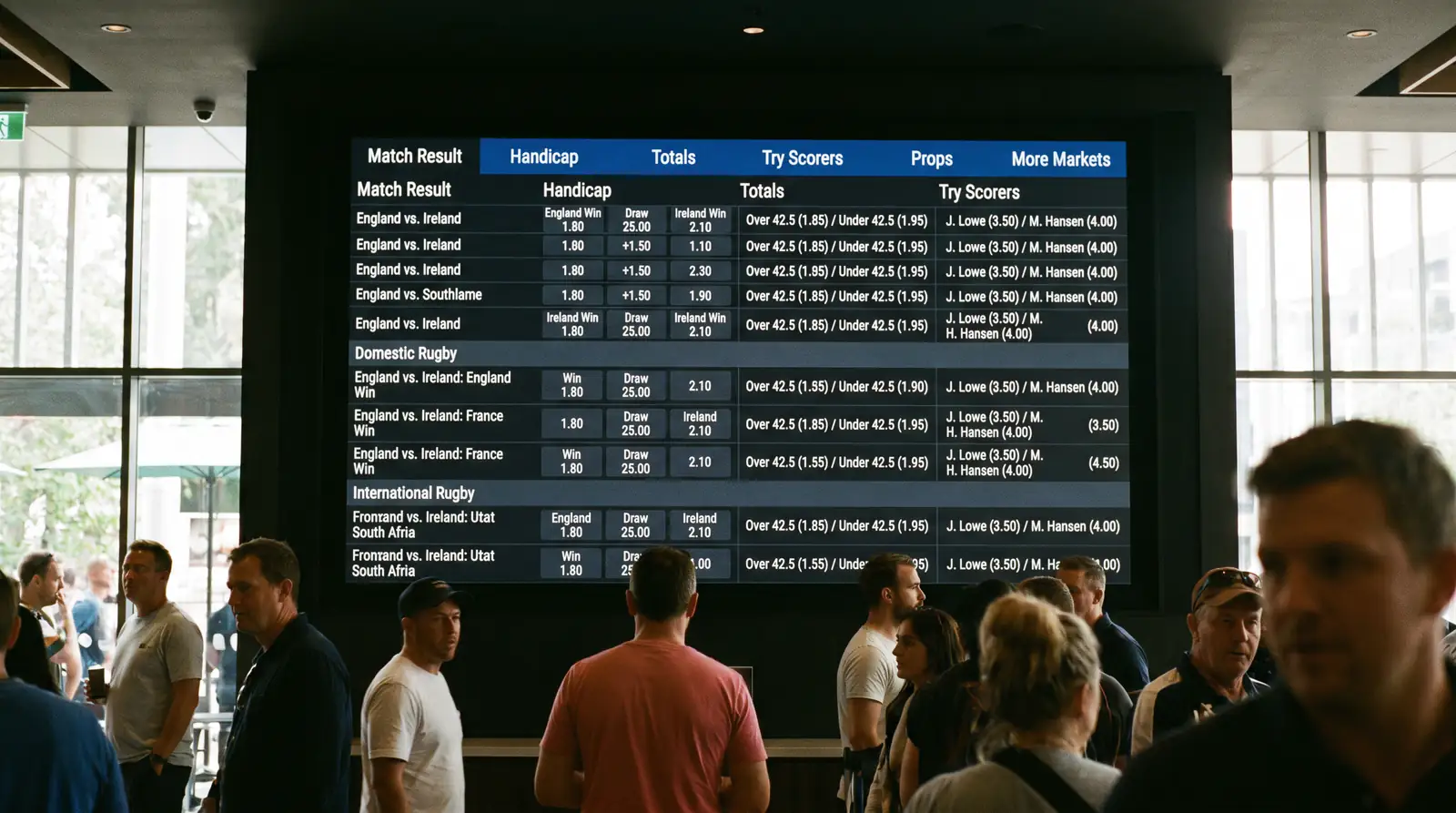 Sportsbook rugby section showing available markets for a major international match