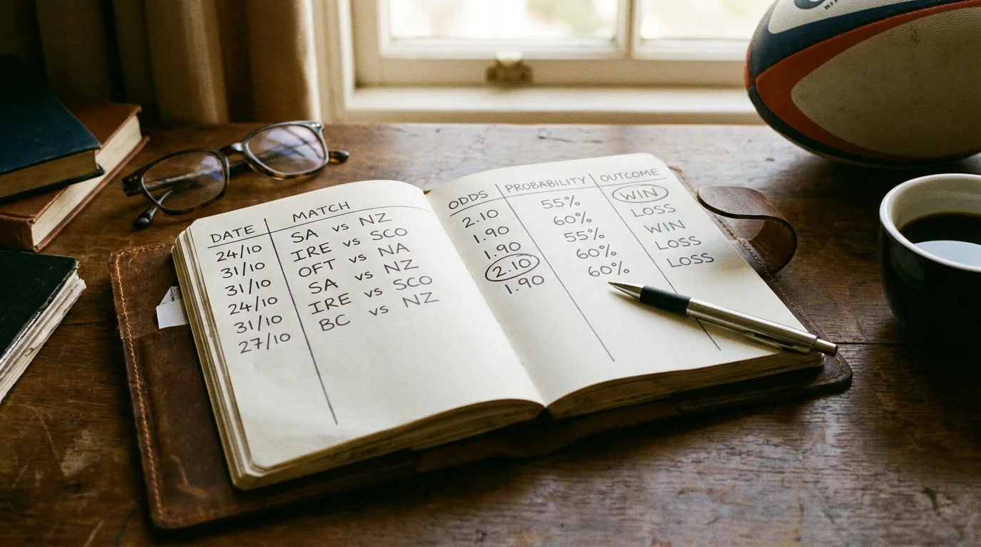 Detailed rugby betting journal showing tracked bets with probability and results columns