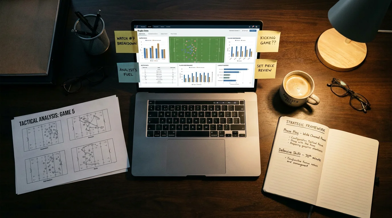 Strategic rugby betting workspace with data analysis tools and staking framework notes