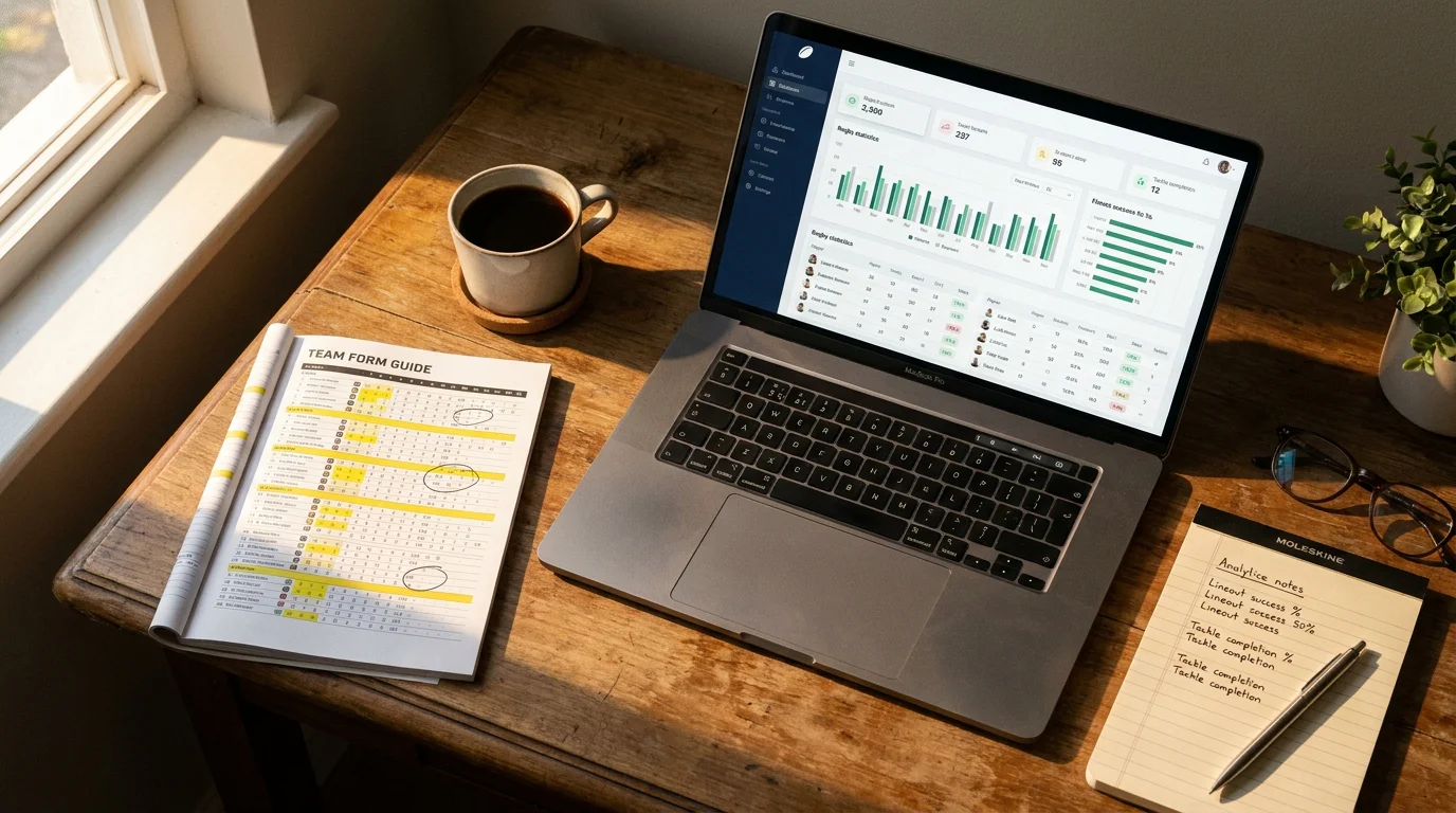 Analytical workspace for rugby betting research with data charts and match notes