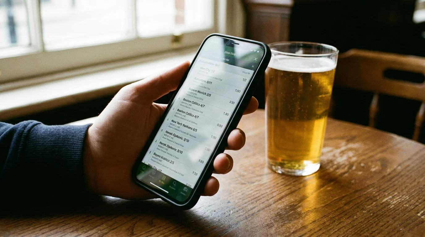 Long accumulator bet slip with many legs visible on a smartphone screen