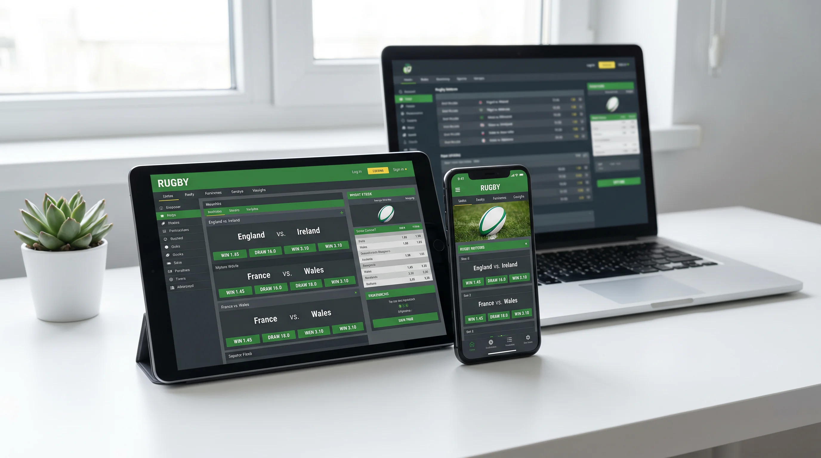 Multiple devices showing different rugby betting platforms side by side