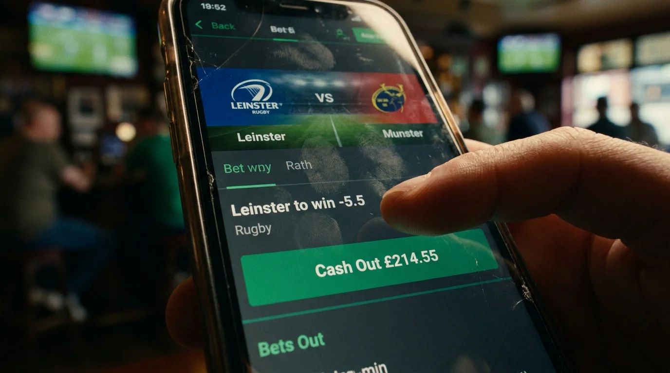 Person considering a cash-out offer on a rugby bet displayed on their smartphone