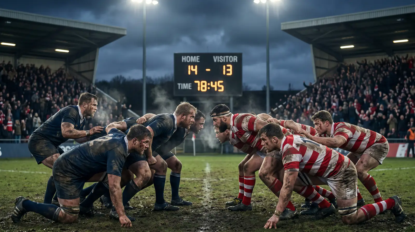 Tight rugby match in the closing minutes with the scoreboard showing a narrow margin