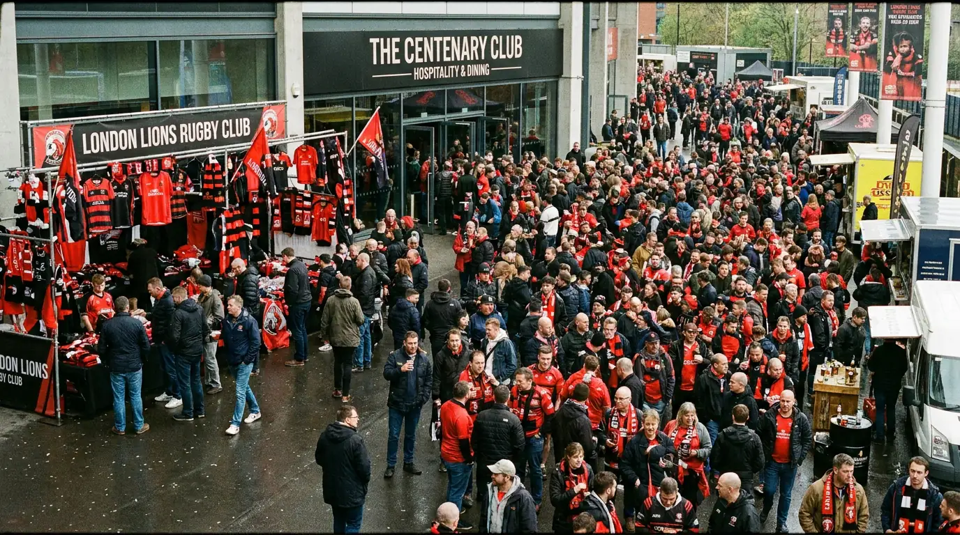 Rugby club commercial area showing merchandise and hospitality on match day