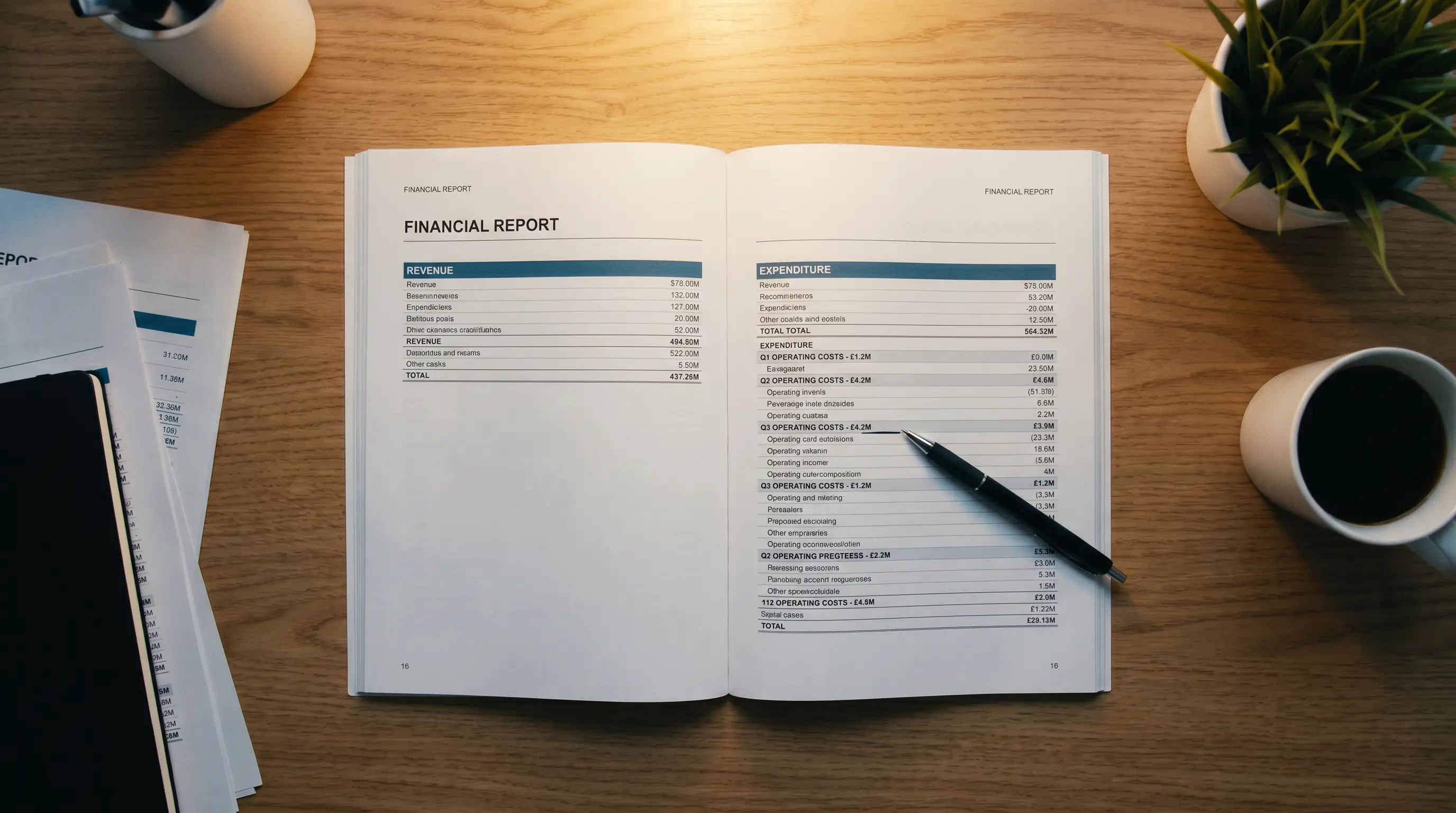 Financial report document on a desk showing rugby club revenue and expenditure figures