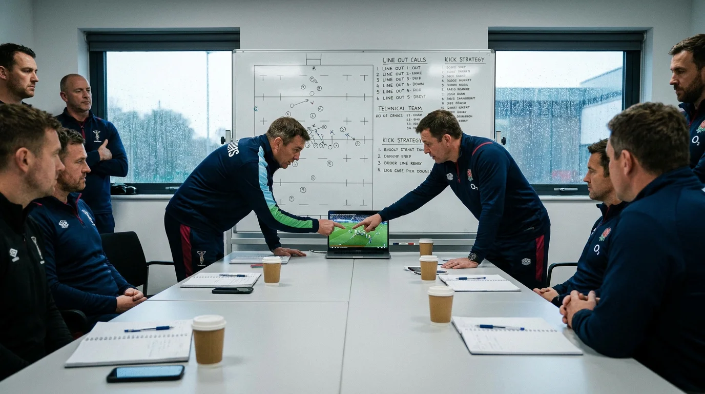 Rugby coaching staff reviewing match footage on a laptop during a team meeting